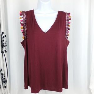 Sleeveless V-neck pom-pom burgundy pullover NWT XL